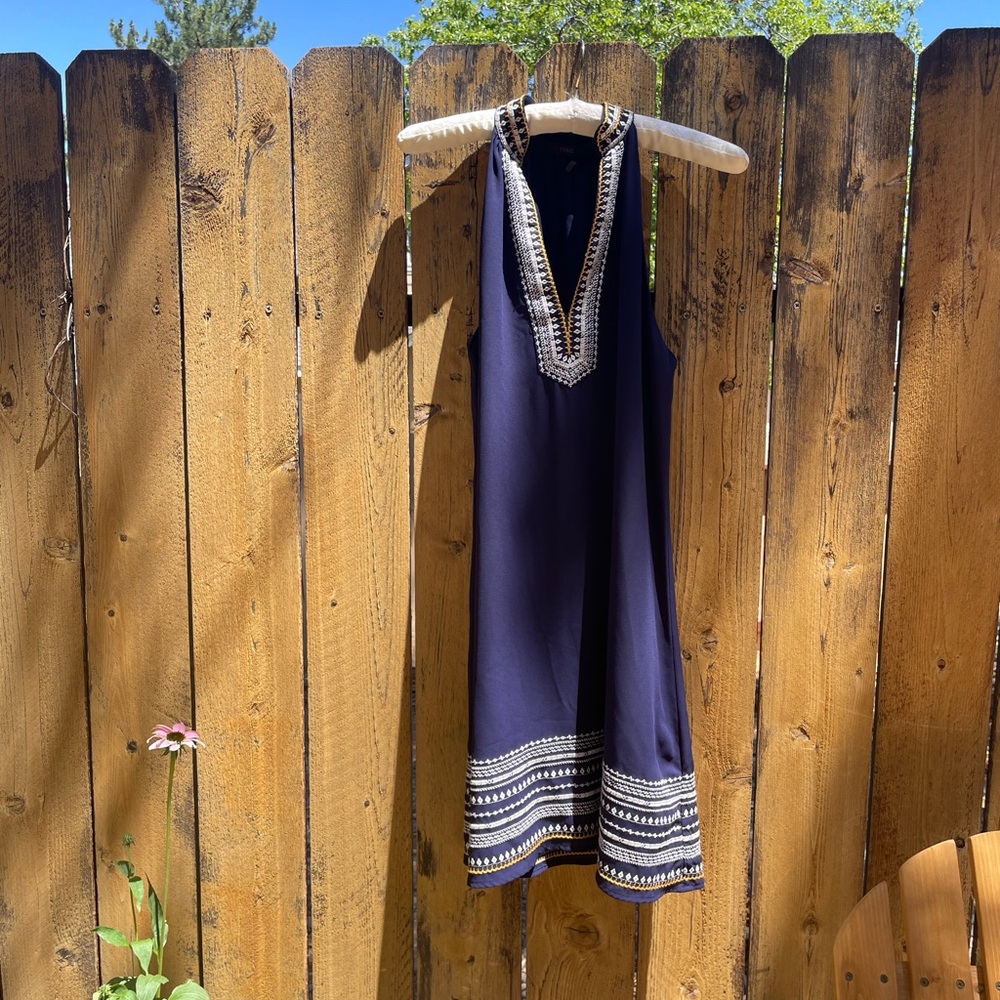 Navy Blue Embroidered Sleeveless Dress